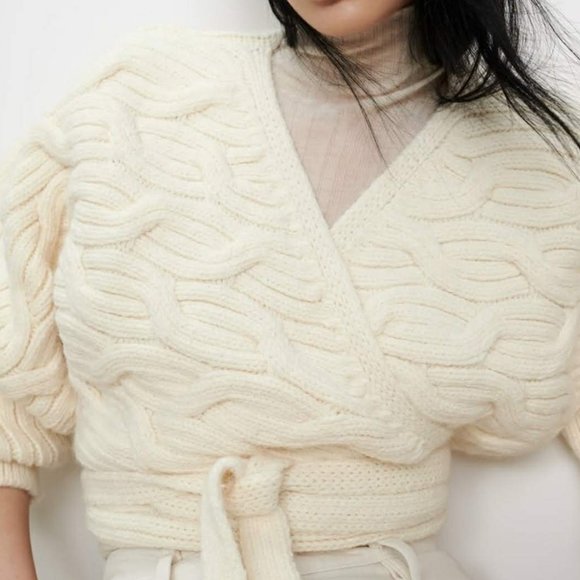NWT Zara Ecru Cable Knit Wrap Cardigan w/ Hem Tie - Picture 5 of 6